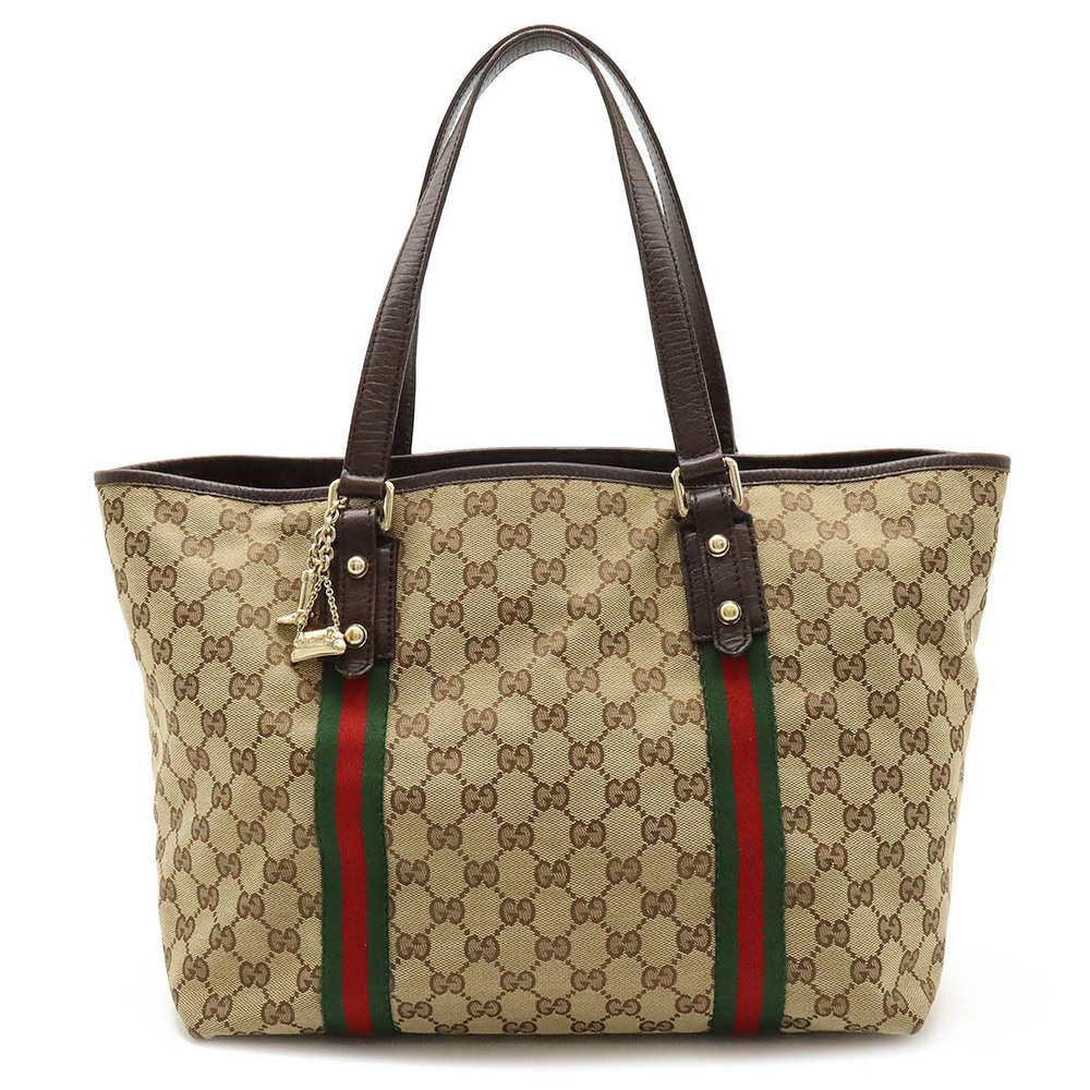 Gucci GG Canvas Sherry Tote Bag Shoulder Beige Brown Cream Charm